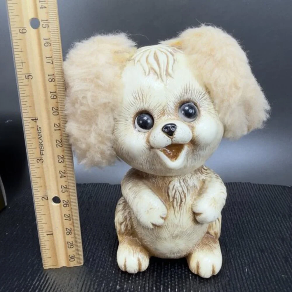1970 Kitschy Bank Plastic Dog Animal Fuzzy Ears Creative Vintage Decor Whimsical